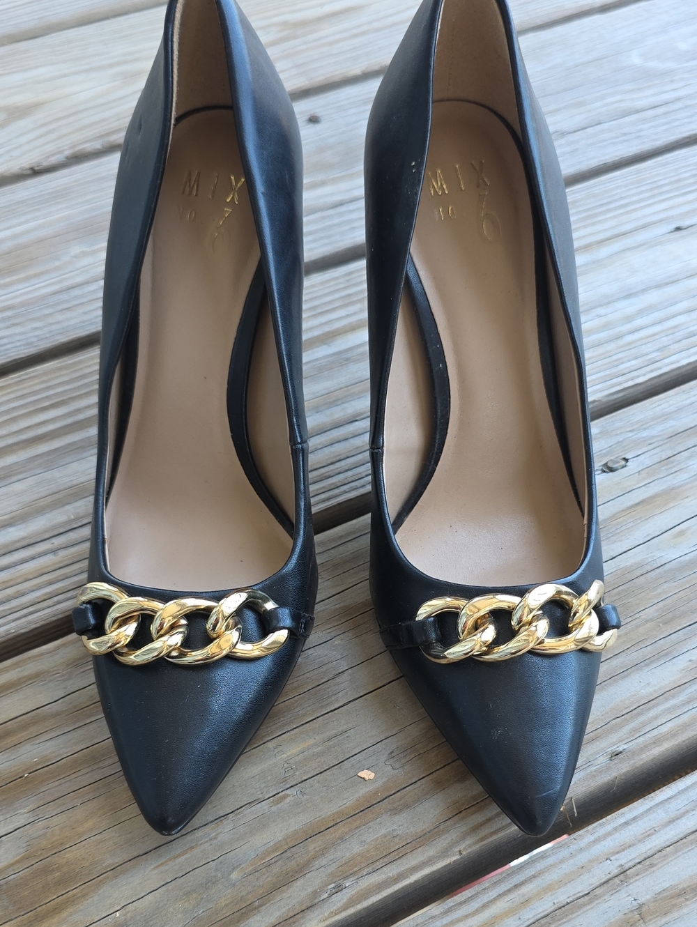 Mix No. 6 Black Pointed Toe Pumps with Gold Chain